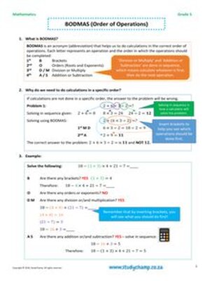 cover image of Grade 5 Maths Worksheet: Bodmas